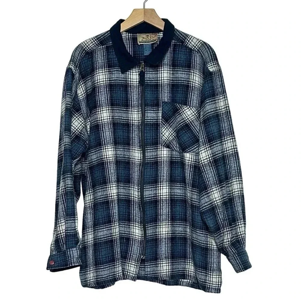 Vintage Express mens S blue + white plaid wool blend front zipper shacket Y2K